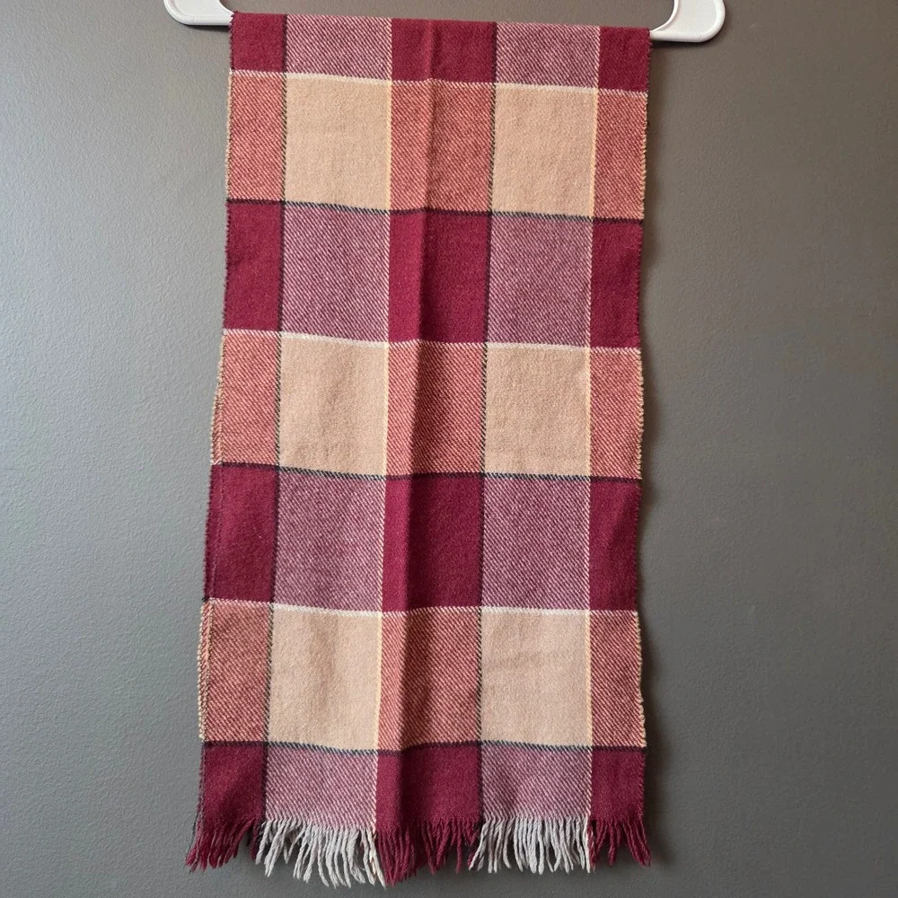 Stroock by Glentowne Plaid Wool‎ Rabbit Hair Scarf Burgundy Tan Fringe